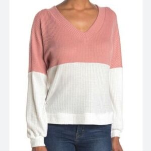 Nordstrom CENY pink white waffle knit vneck pullover sweater
